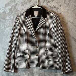 Tavora Houndstooth Patterns Button Up Collared Blazer Women's Size 16 Silk Black